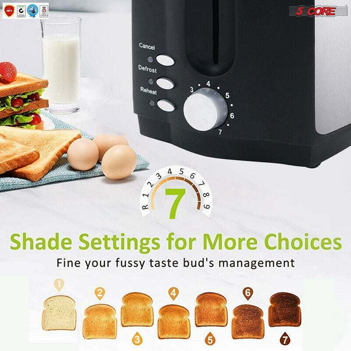 Toaster 2 Slice Stainless Steel Bread Toster Extra Wide Reheat Functions Removable Crumb Tray
