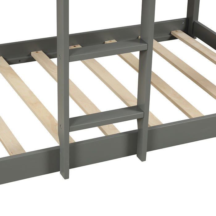 Twin Over Twin Bunk Bed Wood Loft Bed with Roof, Window, Guardrail, Ladder