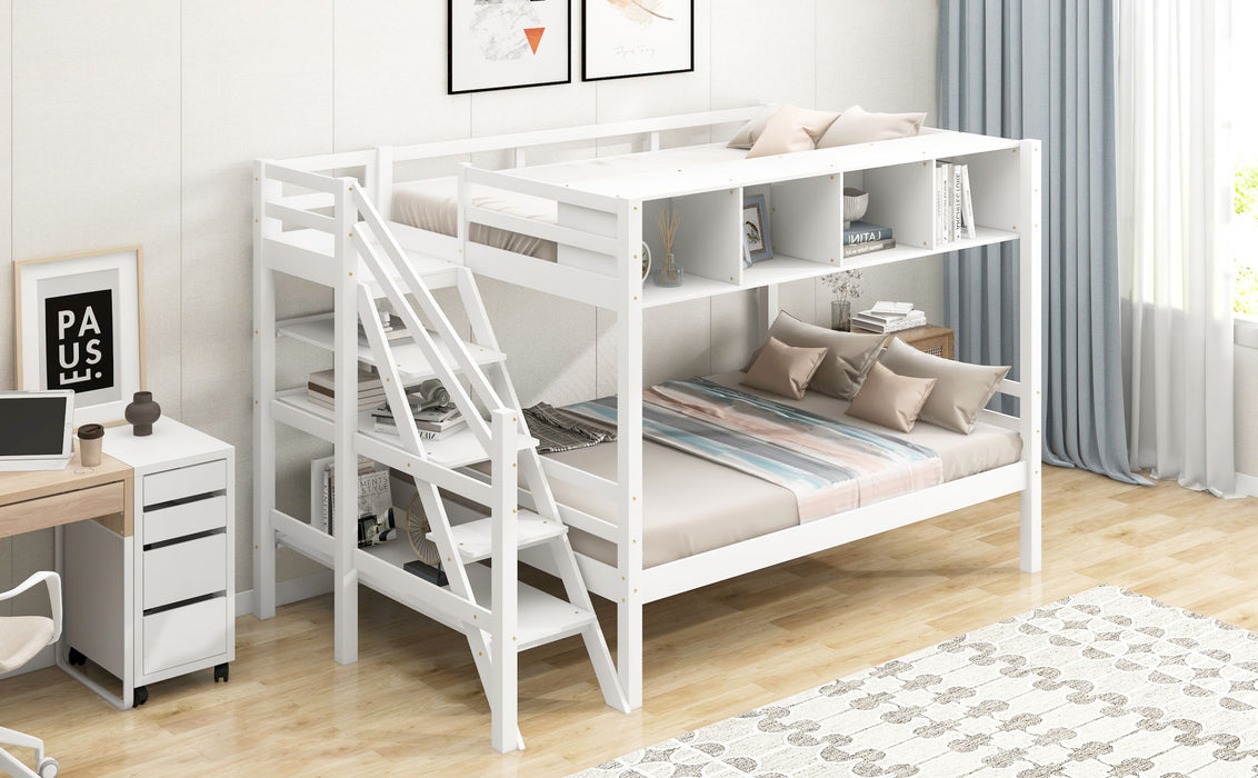 New Space Twin over Full Bunk Bed with Staircase and Built-in Storage Cabinets