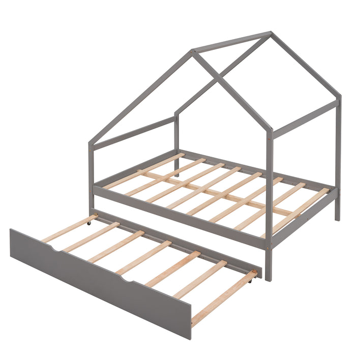 New Space Full Size Wooden House Bed With Twin Size Trundle