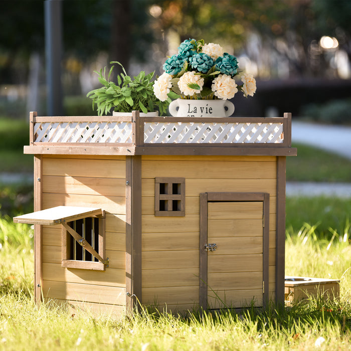 Wooden Dog House Puppy Shelter Kennel Outdoor & Indoor Dog crate, with Flower Stand, Plant Stand, With Wood Feeder