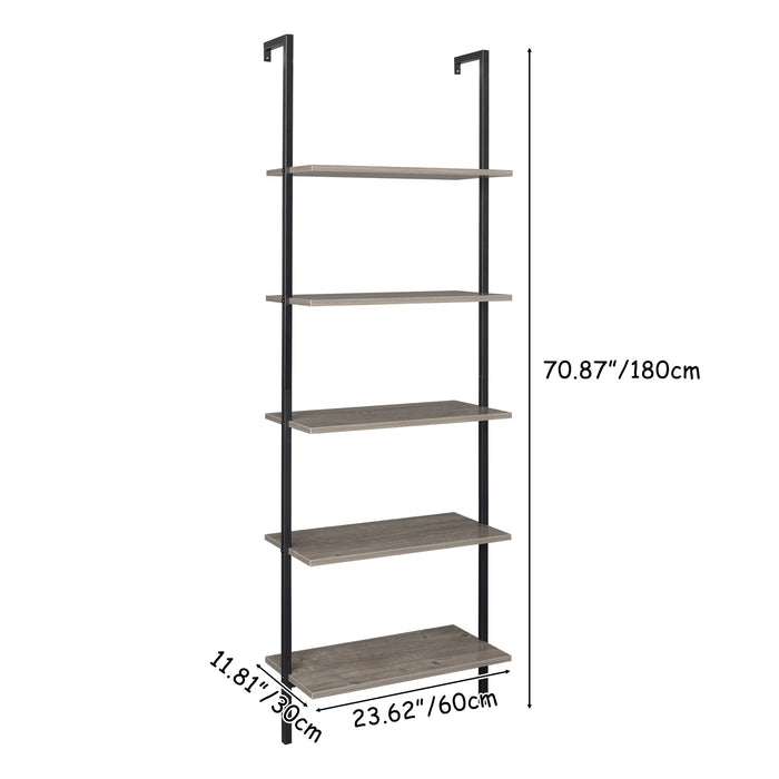 5-Shelf Wood Ladder Bookcase with Metal Frame, Industrial 5-Tier Modern Ladder Shelf Wood Shelves,Gray YJ