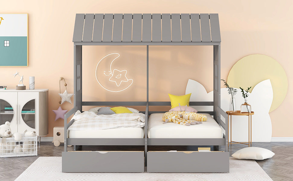 New Space Twin Twin House Bed with 2 Drawers White