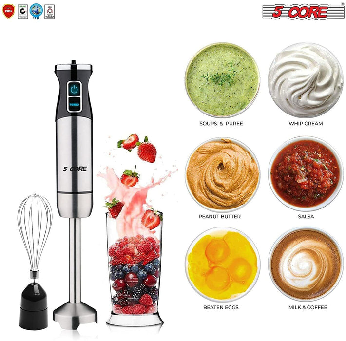Hand Blender 500W 3-in-1 Multifunctional Electric Immersion Blender 8 Variable speed Stick Batidora Emersion Mixer, 600ml Mixing Beaker, Whisk Attachment, BPA Free 5 Core