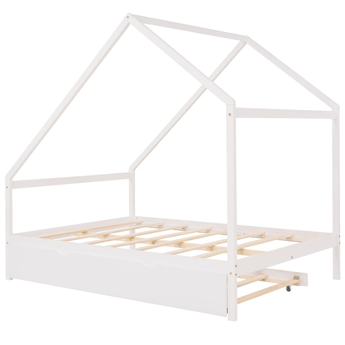 New Space Full Size Wooden House Bed With Twin Size Trundle