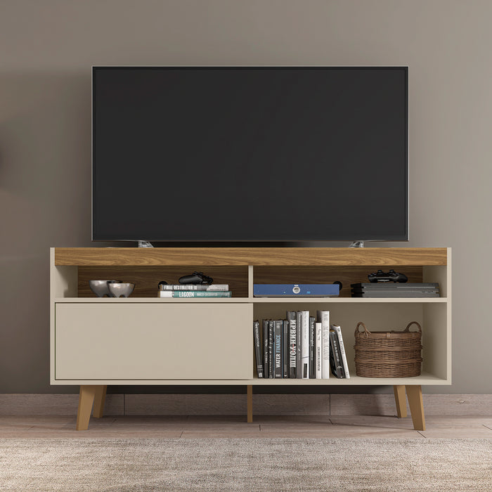 DunaWest 54 Inch Wooden TV Stand with 1 Door and 2 Compartments, Brown and Off White