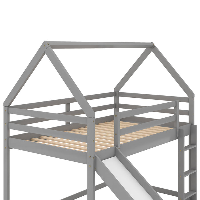 Twin over Twin Low Bunk Bed, House Bed with Ladder , White