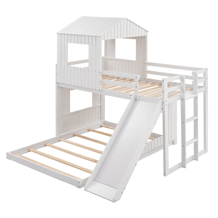 New Space Wooden Twin Over Full Bunk Bed, Loft Bed with Playhouse