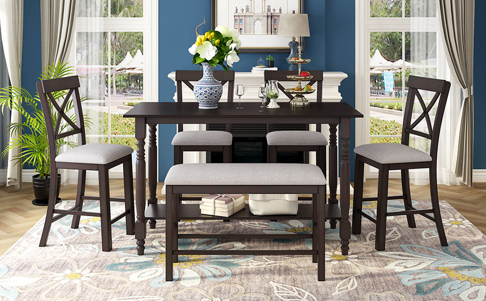 6-Pieces Counter Height Dining Table Set Table with Shelf 4 Chairs and Bench for Dining Room