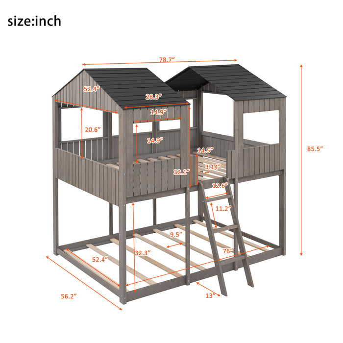 New Space Full Over Full Wood Bunk Bed with Roof Window
