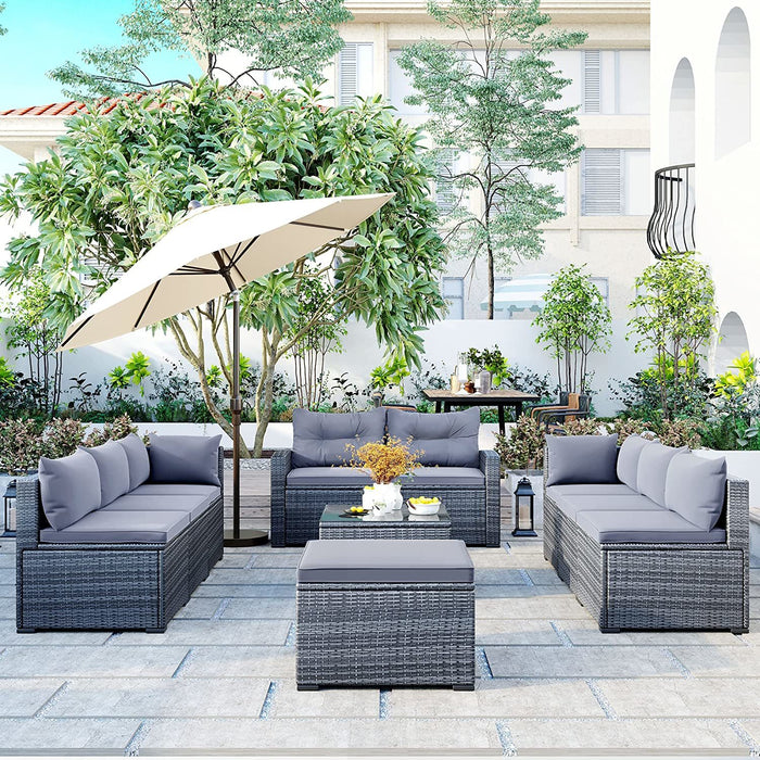 9-piece Outdoor Patio Large Wicker Sofa Set, Rattan Sofa set for Garden, Backyard,Porch and Poolside, Gray wicker