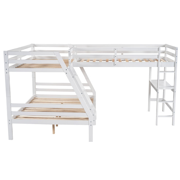 L-Shaped Twin over Full Bunk Bed and Twin Size Loft Bed with Built-in Desk