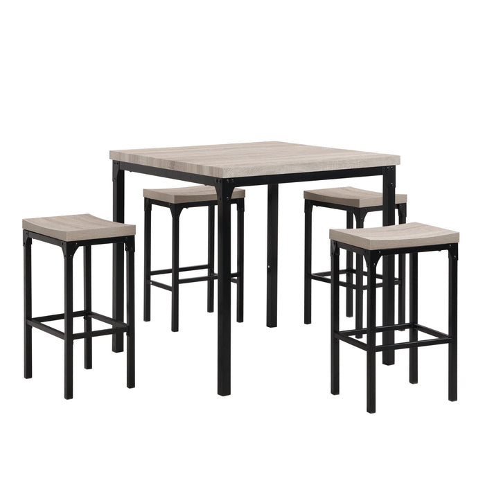 DunaWest 36 Inch 5 Piece Counter Height Dining Table and Stool Set;  Square Wood Top;  Iron Frame;  Gray;  Black