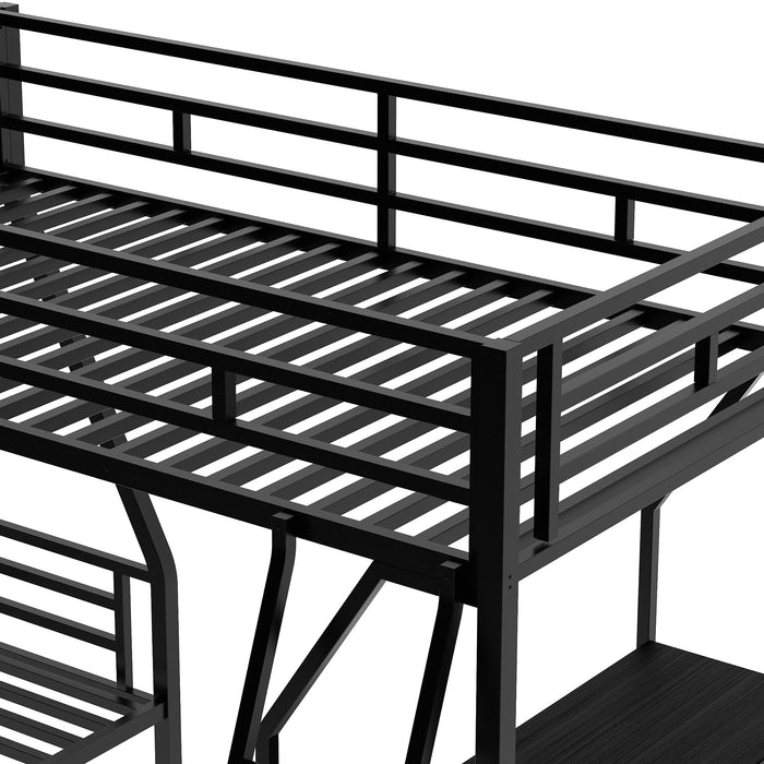 Twin over Full Bunk Bed with a Twin Size Loft Bed attached, with a Desk, Metal