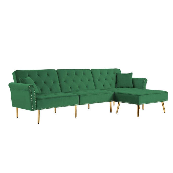 Modern Velvet Upholstered Reversible Sectional Sofa Bed , L-Shaped Couch with Movable Ottoman and Nailhead Trim For Living Room. (Green)
