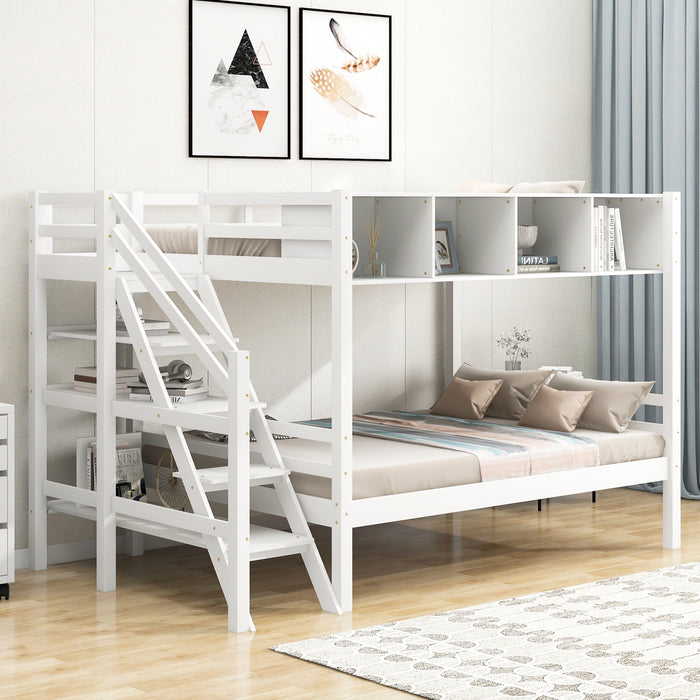 New Space Twin over Full Bunk Bed with Staircase and Built-in Storage Cabinets