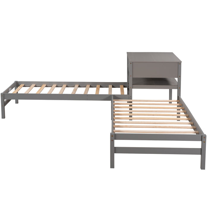 Grenco Twin Size L-Shaped Platform Beds with Drawers