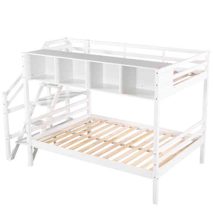 New Space Twin over Full Bunk Bed with Staircase and Built-in Storage Cabinets