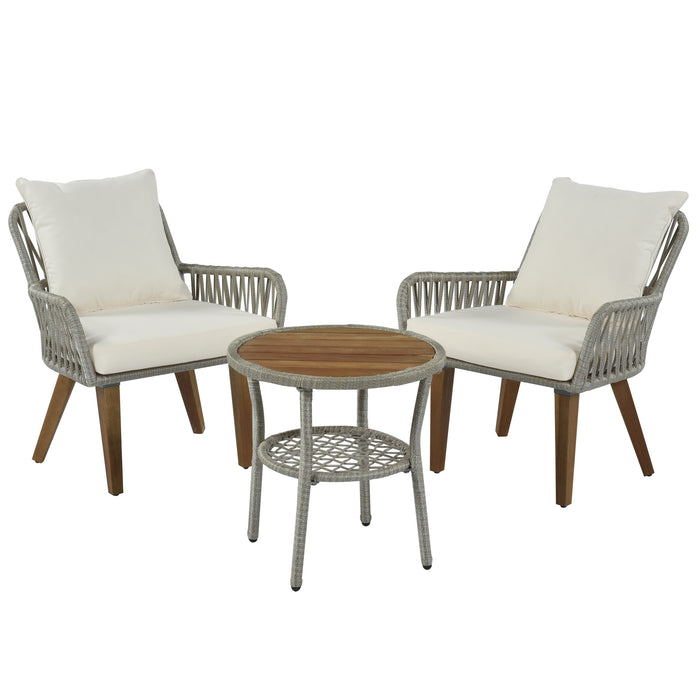 Patio 3-Piece Bistro Set Woven-Rope Conversation Set with Wood Tabletop and Cushions for Balcony, Gray Rope+Beige Fabric