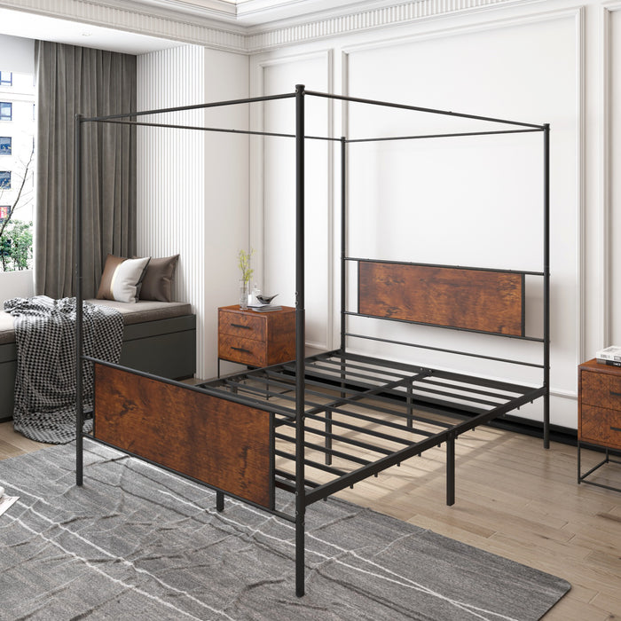 Queen Size Canopy Bed Frame with Wooden Headboard