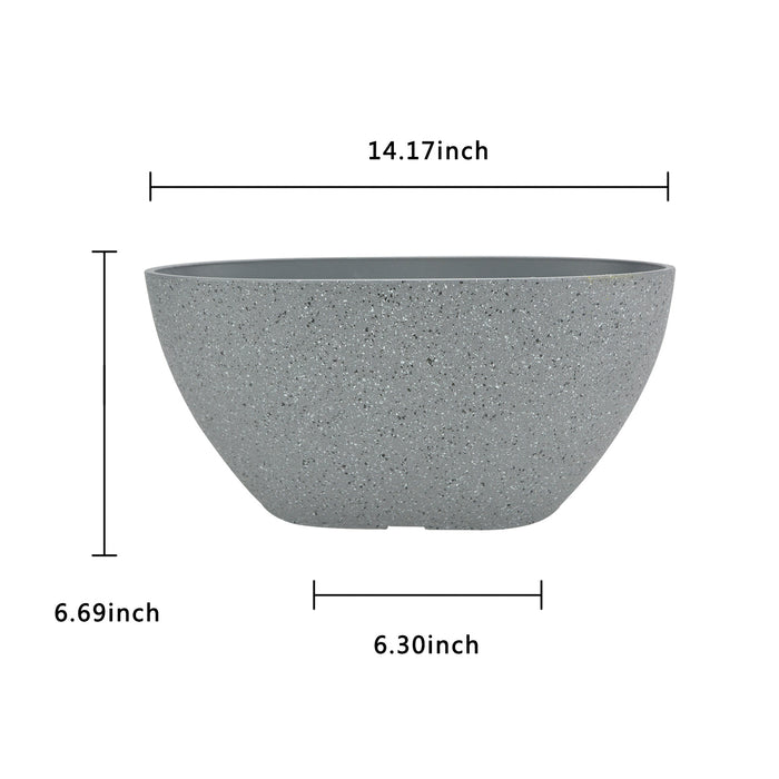 2 Pcs 14" Oval Plant Pots, Flower Pots with Drainage Holes, Plastic Planter with Marble Pattern for Home Garden, Light Gray