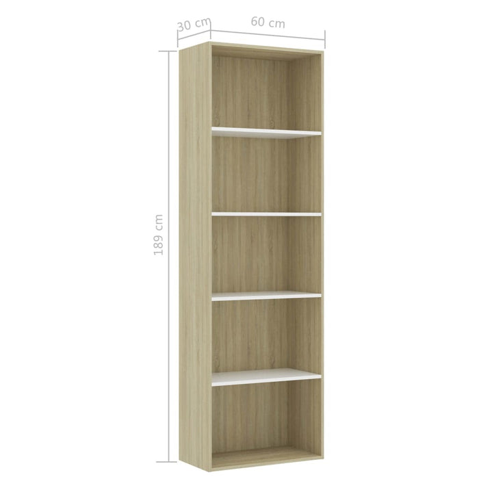 5-Tier Book Cabinet White and Sonoma Oak 23.6"x11.8"x74.4" Chipboard