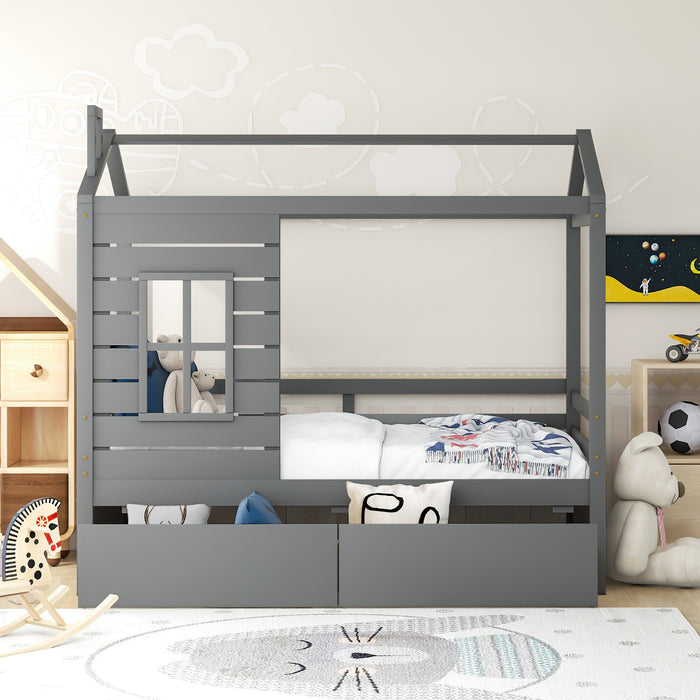 Twin Size House Bed Wood Bed with Two Drawers