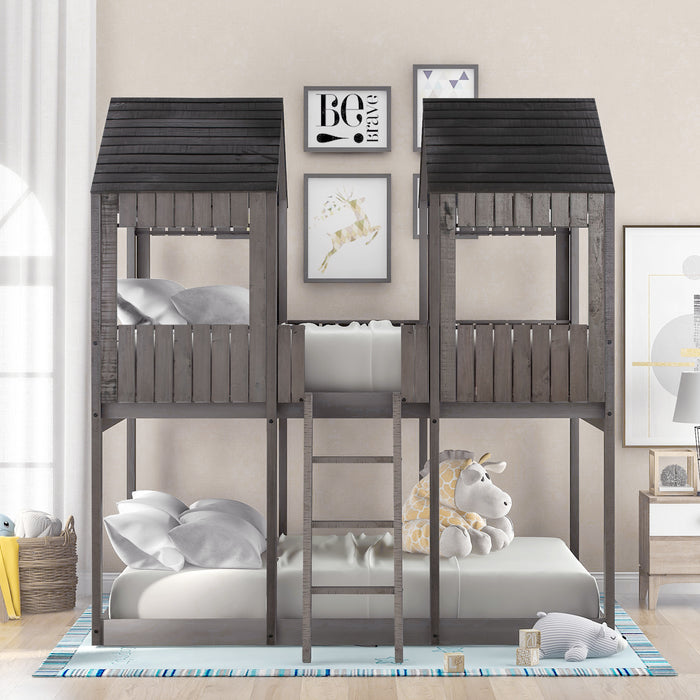 New Space Full Over Full Wood Bunk Bed with Roof Window