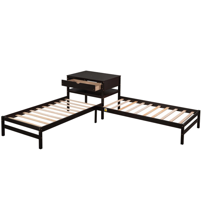 Grenco Twin Size L-Shaped Platform Beds with Drawers