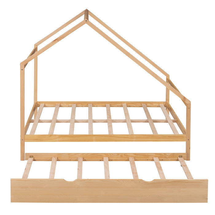 New Space Full Size Wooden House Bed With Twin Size Trundle