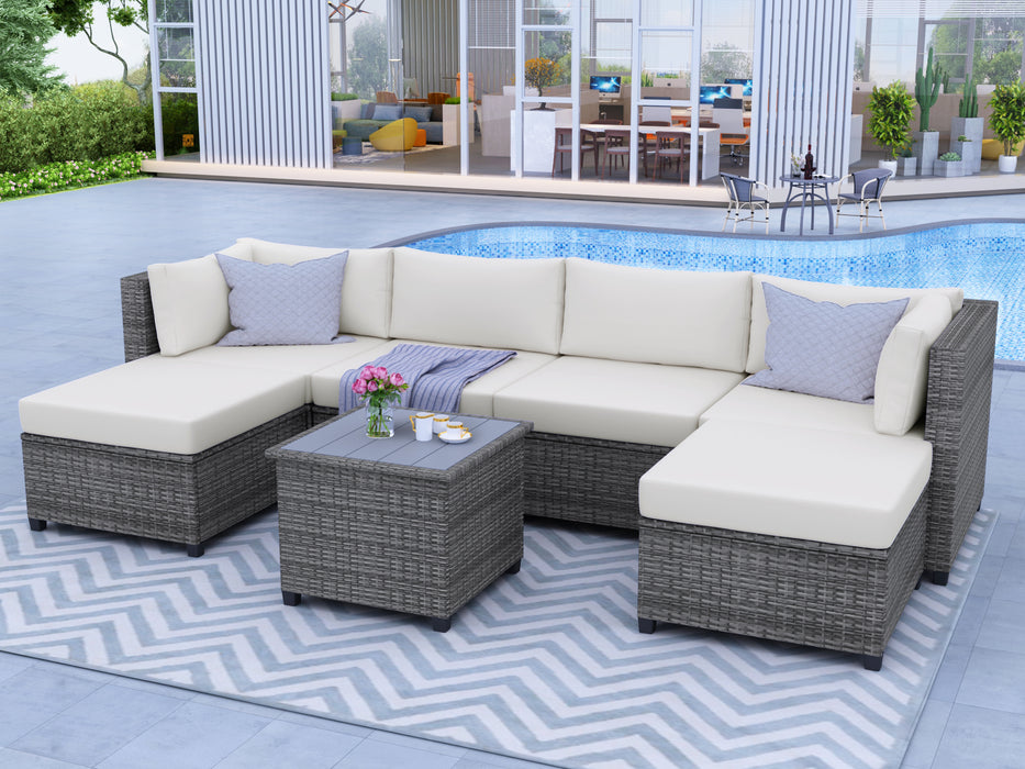 7 Piece Rattan Sectional Seating Group with Cushions, Outdoor Ratten Sofa NEW!