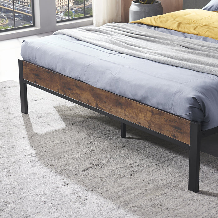 Queen Size Metal Platform Bed Frame with Wooden Headboard and Footboard