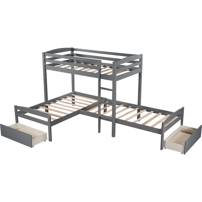 Twin Over Twin L-shaped Bunk Bed with Two Drawers, Pine Wood Bed Frame