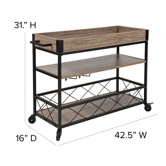 Buckhead Distressed Wood and Iron Kitchen Serving and Bar Cart with Wine Glass Holders