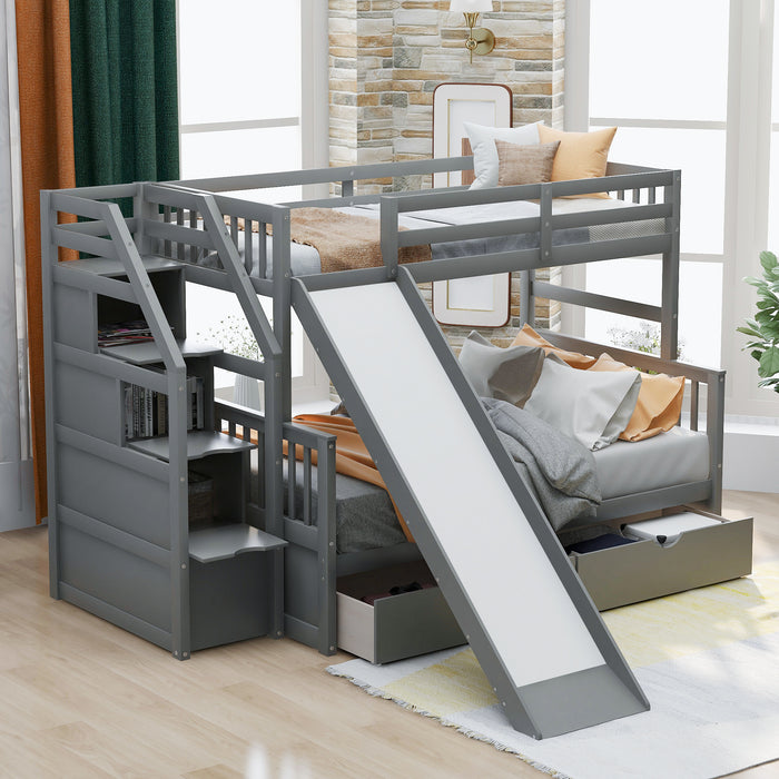 Twin over Full Bunk Bed with Drawers,Storage and Slide, Multifunction, Gray