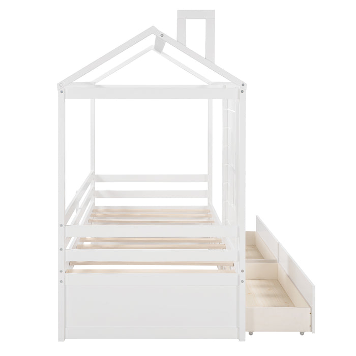 Twin Size House Bed Wood Bed with Two Drawers