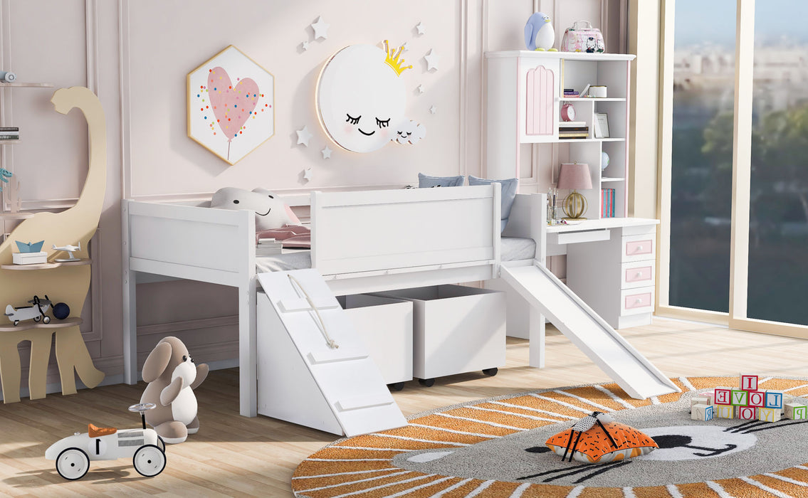 New Space Twin size Low Loft Bed Wooden Bed with Two Storage Boxes