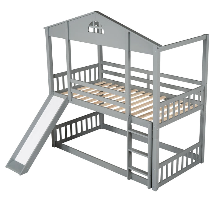 MyRoom Twin Over Twin House Bunk Bed With Convertible Slide And Ladder
