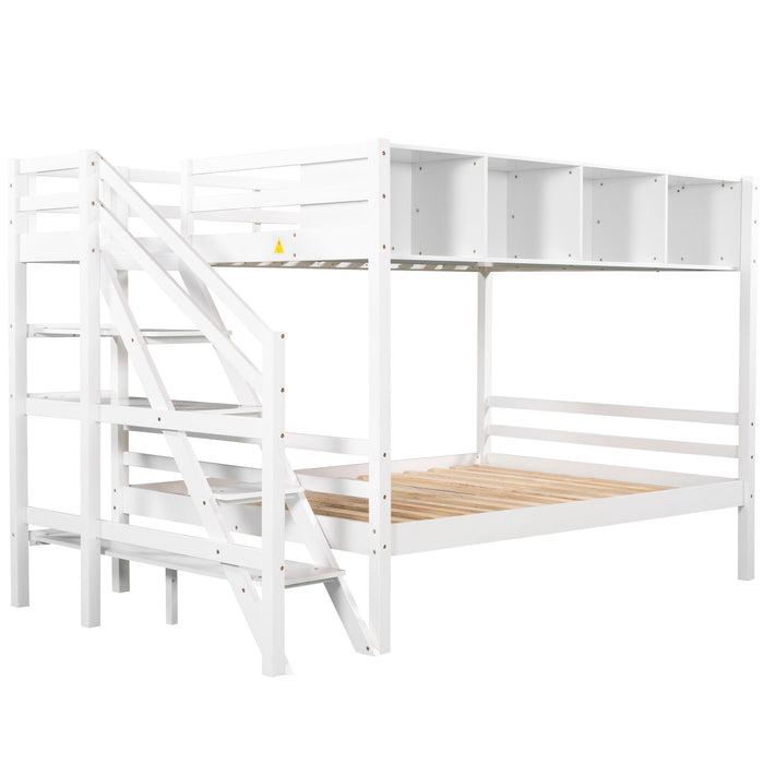 New Space Twin over Full Bunk Bed with Staircase and Built-in Storage Cabinets