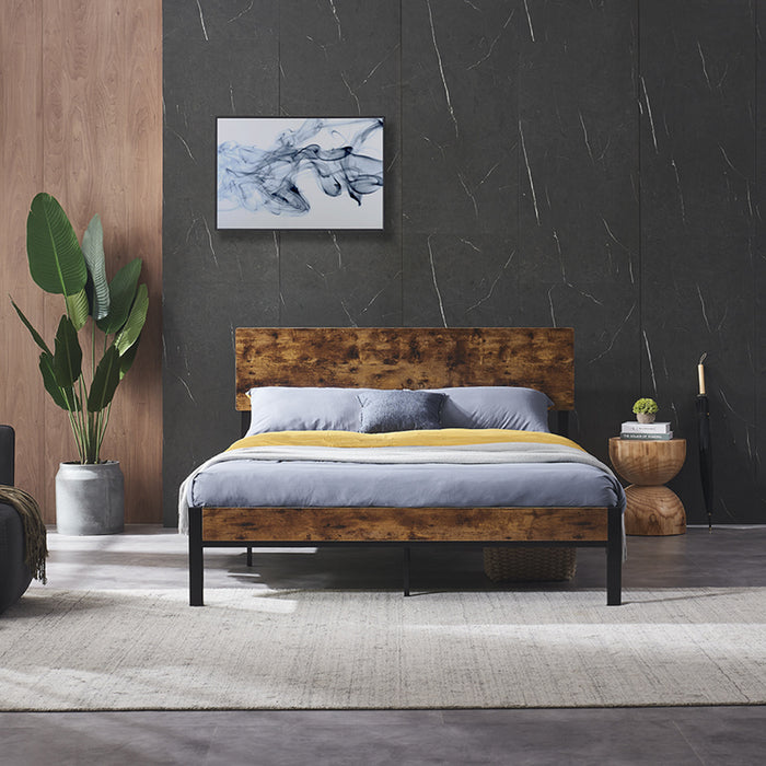 Full Size Metal Platform Bed Frame with Wooden Headboard and Footboard, No Box Spring Needed, Large Under Bed Storage, Easy Assemble