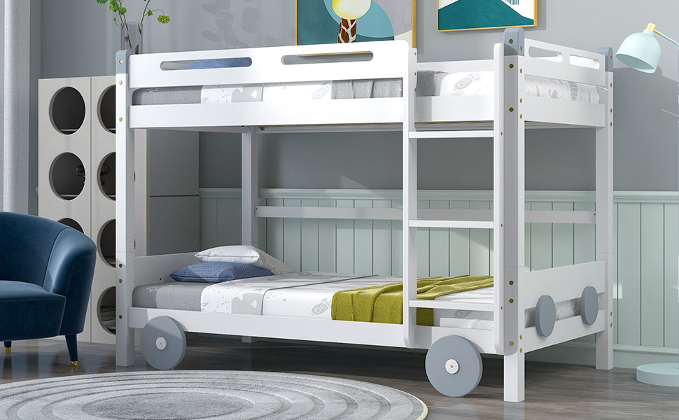 New Space Twin Size Car-Shaped Convertible Bunk Bed, White
