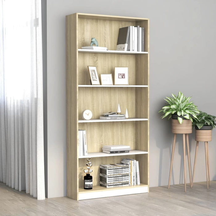 5-Tier Book Cabinet White and Sonoma Oak 31.5"x9.4"x68.9" Chipboard