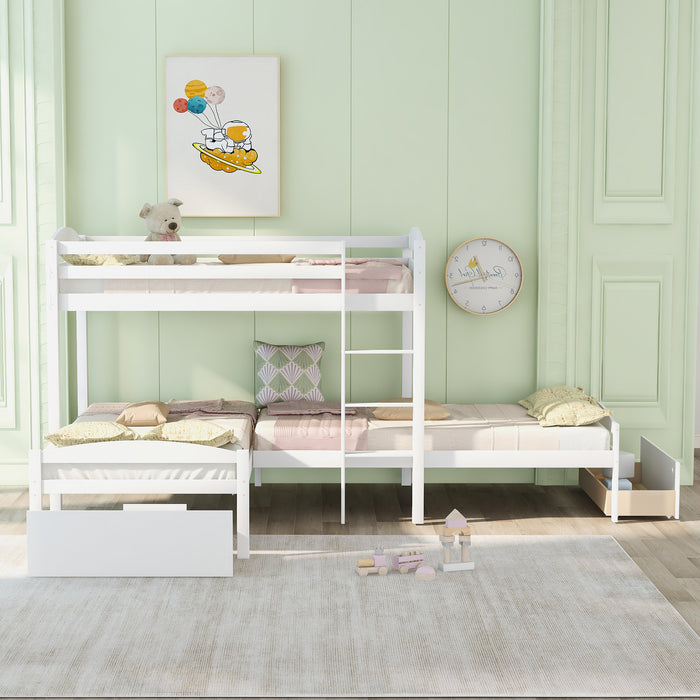 Twin Over Twin L-shaped Bunk Bed with Two Drawers, Pine Wood Bed Frame