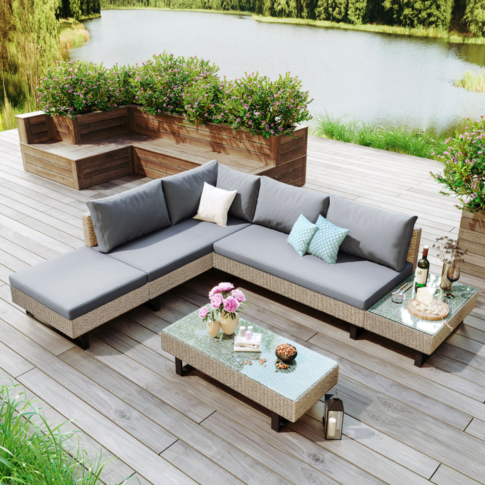 3-piece Outdoor Wicker Sofa Patio Furniture Set, L-shaped Corner Sofa, Water And UV Protected, Two Glass Table, Adjustable Feet And 3.1" Thicker Cushion, Light Gray Cushion and Beige Wicker