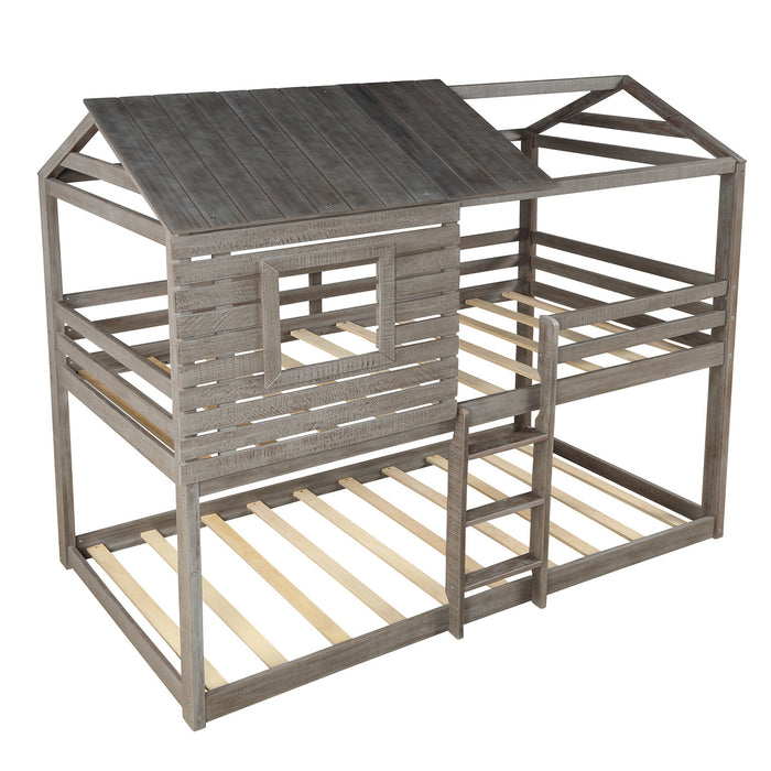 Twin Over Twin Bunk Bed Wood Loft Bed with Roof, Window, Guardrail, Ladder