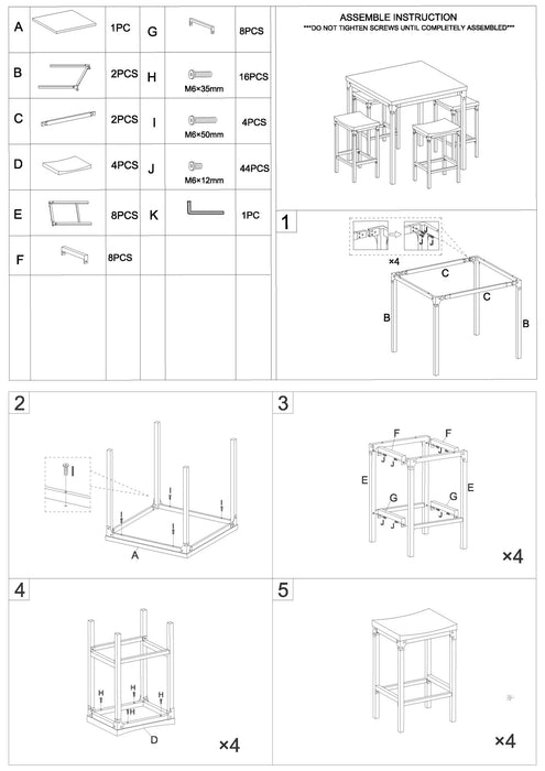 DunaWest 36 Inch 5 Piece Counter Height Dining Table and Stool Set;  Square Wood Top;  Iron Frame;  Gray;  Black