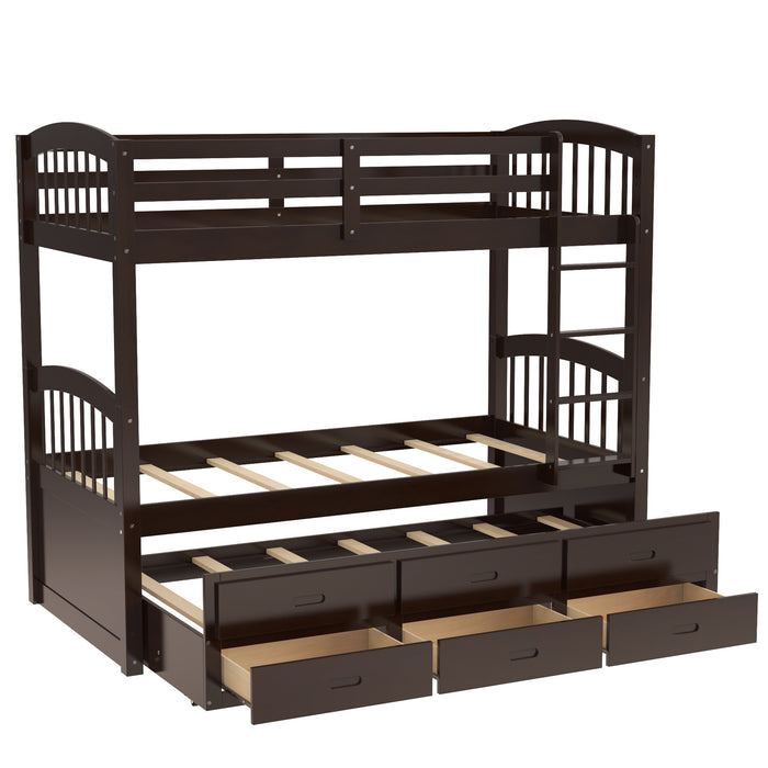 Twin over Twin Wood Bunk Bed with Trundle and Drawers,White