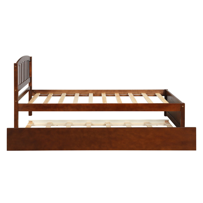 Twin size Platform Bed Wood Bed Frame with Trundle, Walnut RT