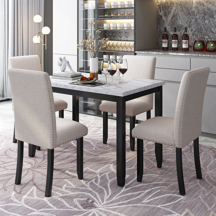 Faux Marble 5-Piece Dining Set Table with 4 Thicken Cushion Dining Chairs