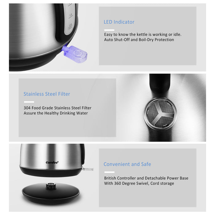 COMFEE' Stainless Steel 1.8L Electric Kettle